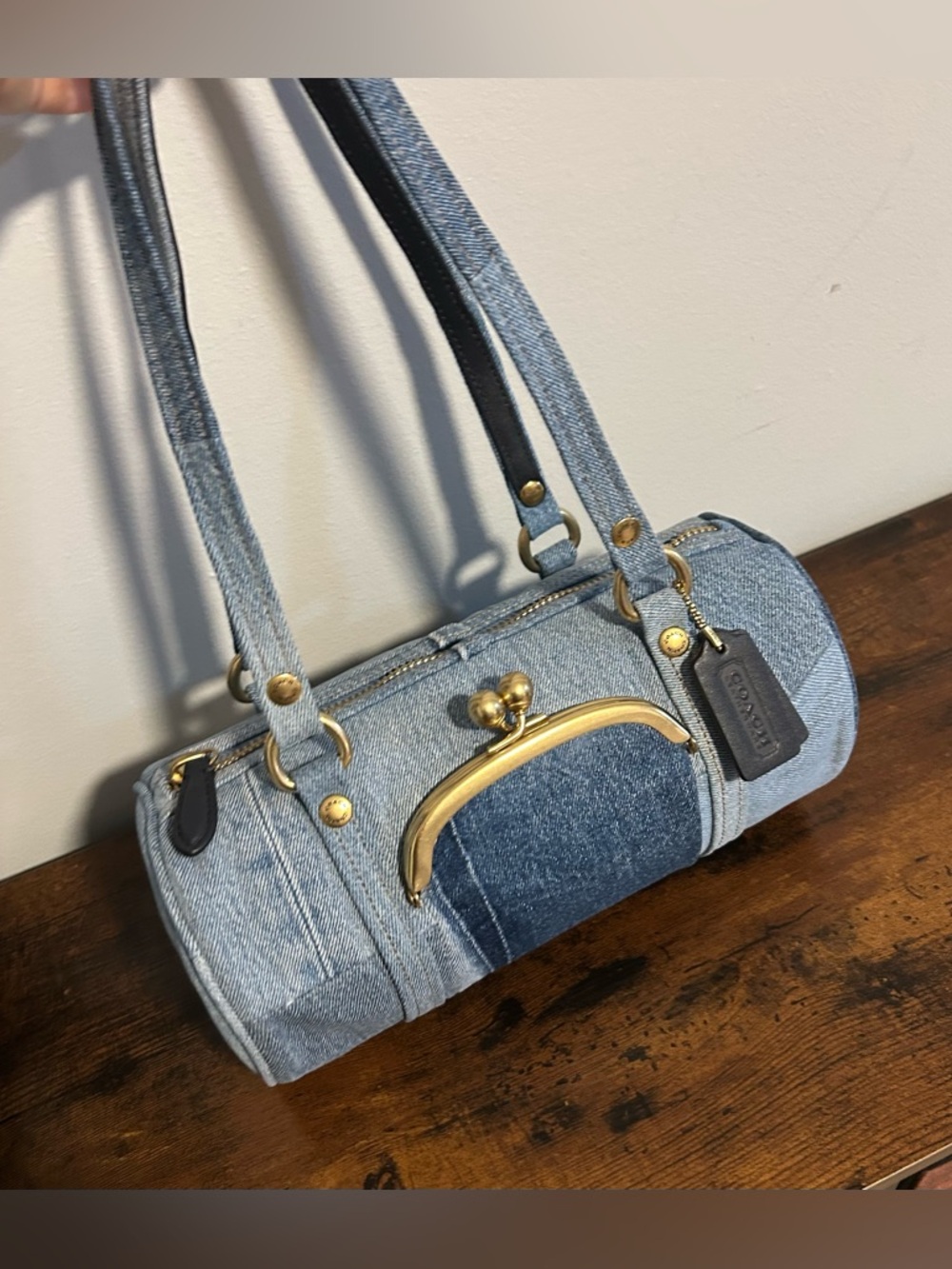 Coach Denim Kisslock Barrel Bag 28
